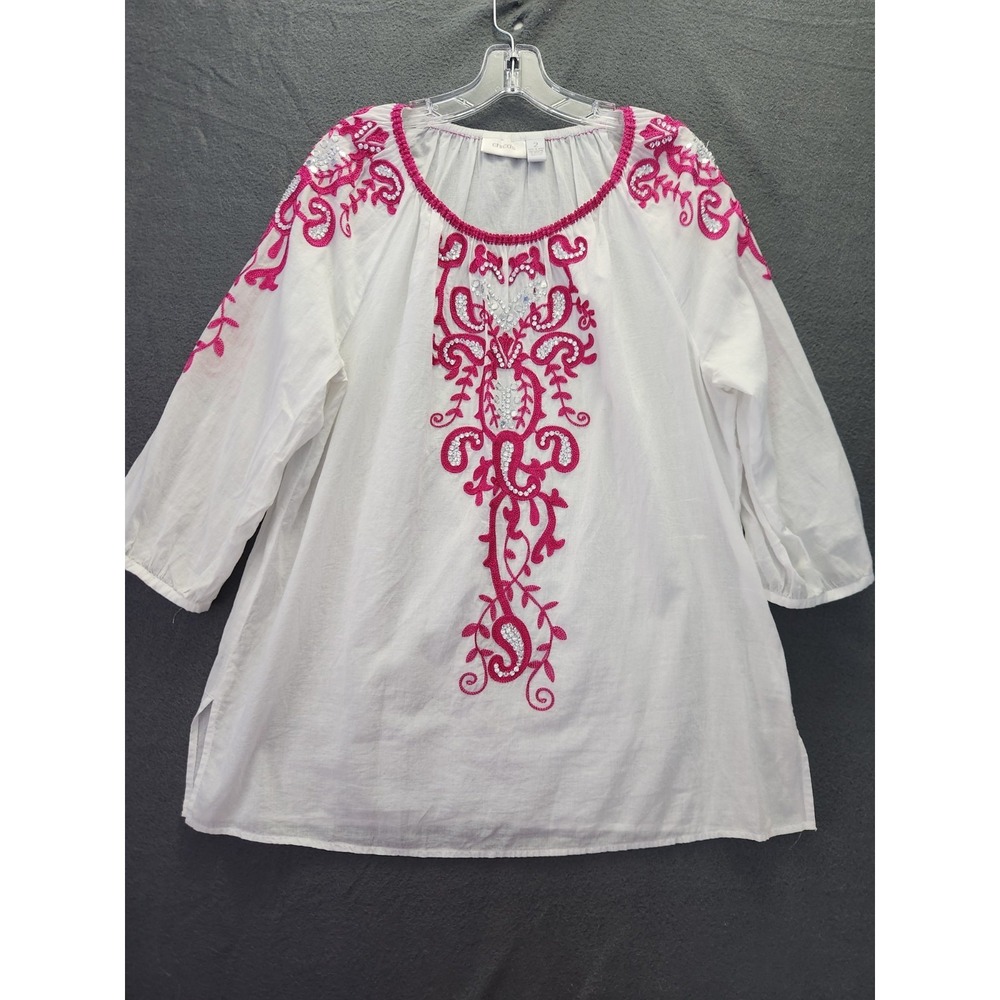 Chico's Top Tunic Sz 2 US L White‎ Pink Embroidered Elegant Coastal Peasant Boho